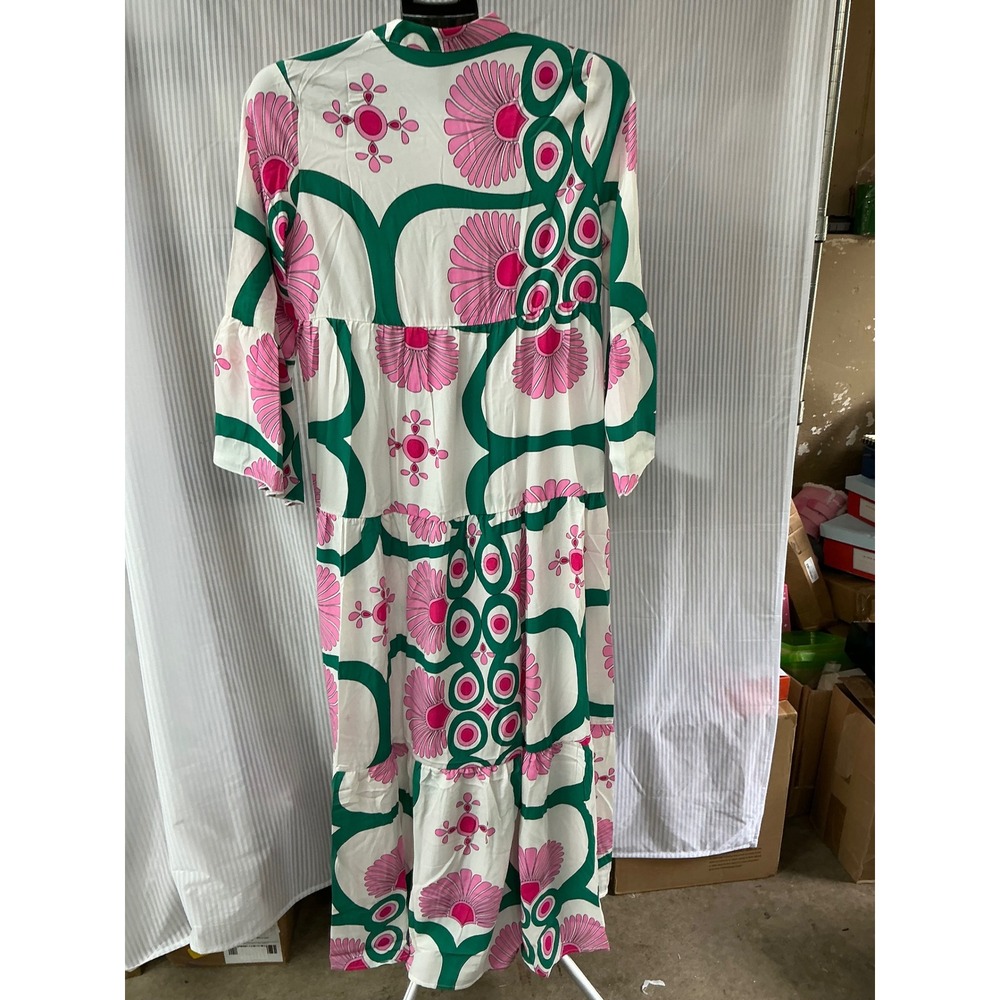 Boho Pink Green Floral Geometric Tiered Maxi Dress Bell Sleeve Small LC6121767 - Picture 2 of 3